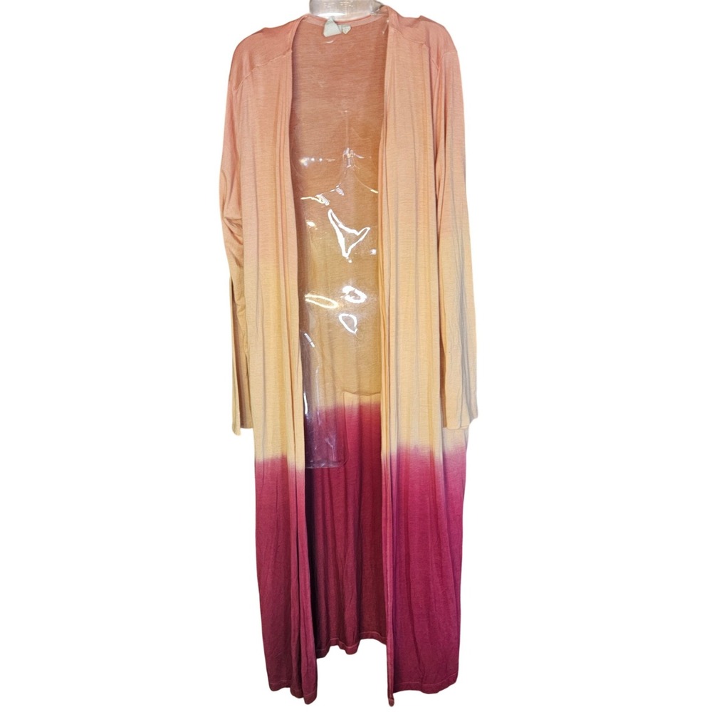 Ady p Womens Ombre Dip Dye Duster Cardigan Long Sleeve Open Front Pink Orange L